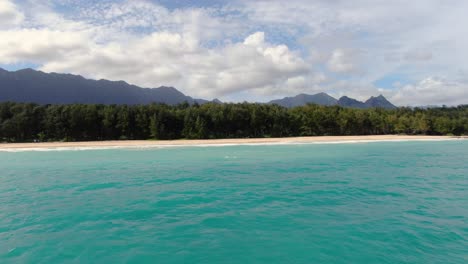 fliegen vom ozean in richtung küste, die sich über den waldbäumen erhebt, um eine kleine hawaiianische stadt zu enthüllen