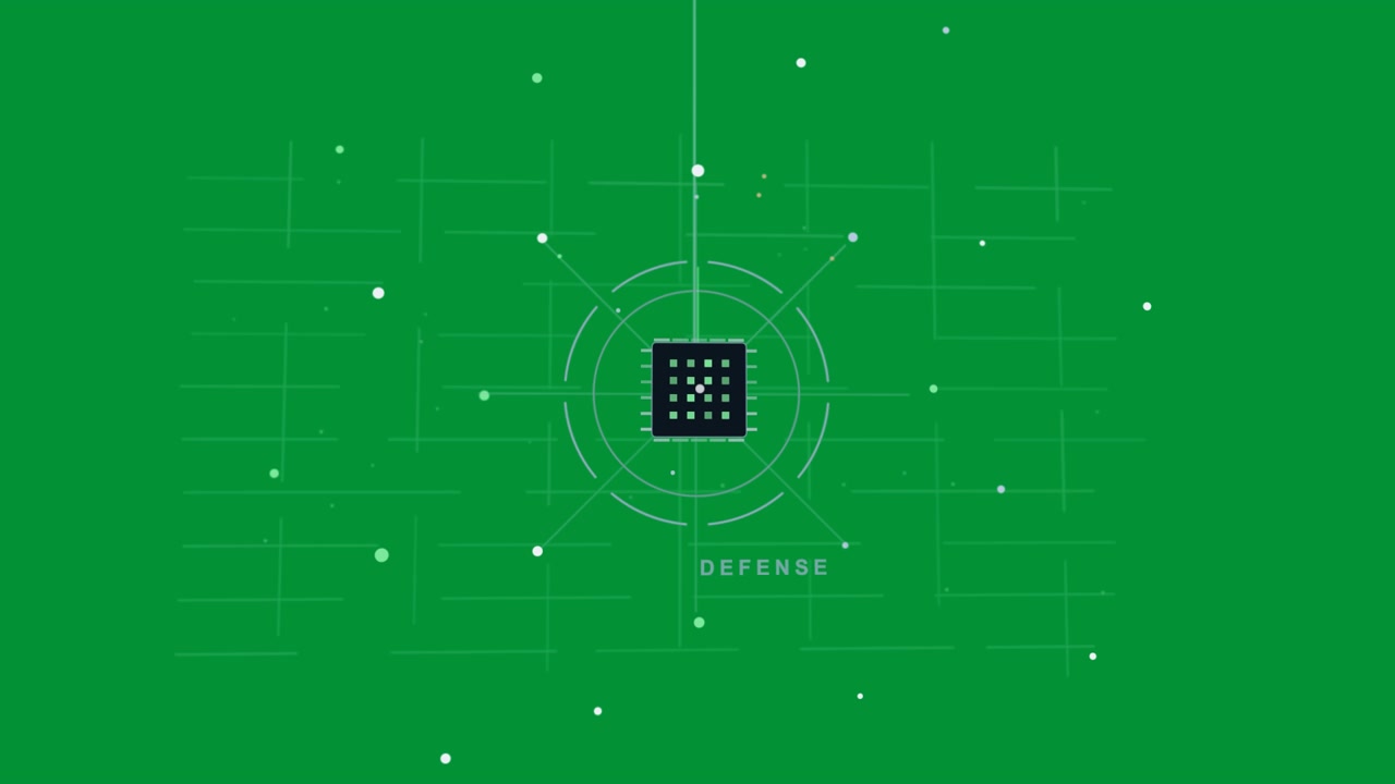Chip appearing center arming, beam aligning, rings pulsing, showing DEFENSE on clear background
