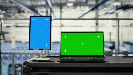 green screen notebook and mockup tablet in industrial data center