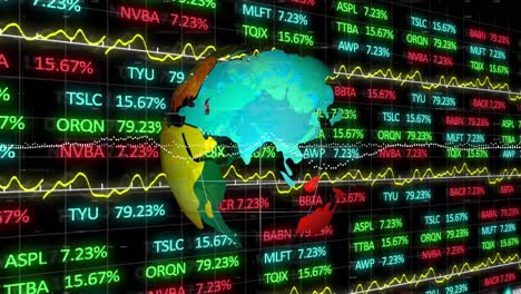 Animation-of-spinning-globe-over-stock-market-data-processing-against-black-background