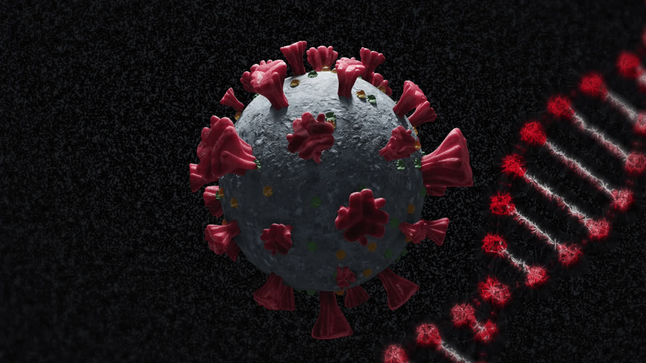 animación de la célula de covid-19 y la cadena de adn girando sobre un fondo negro