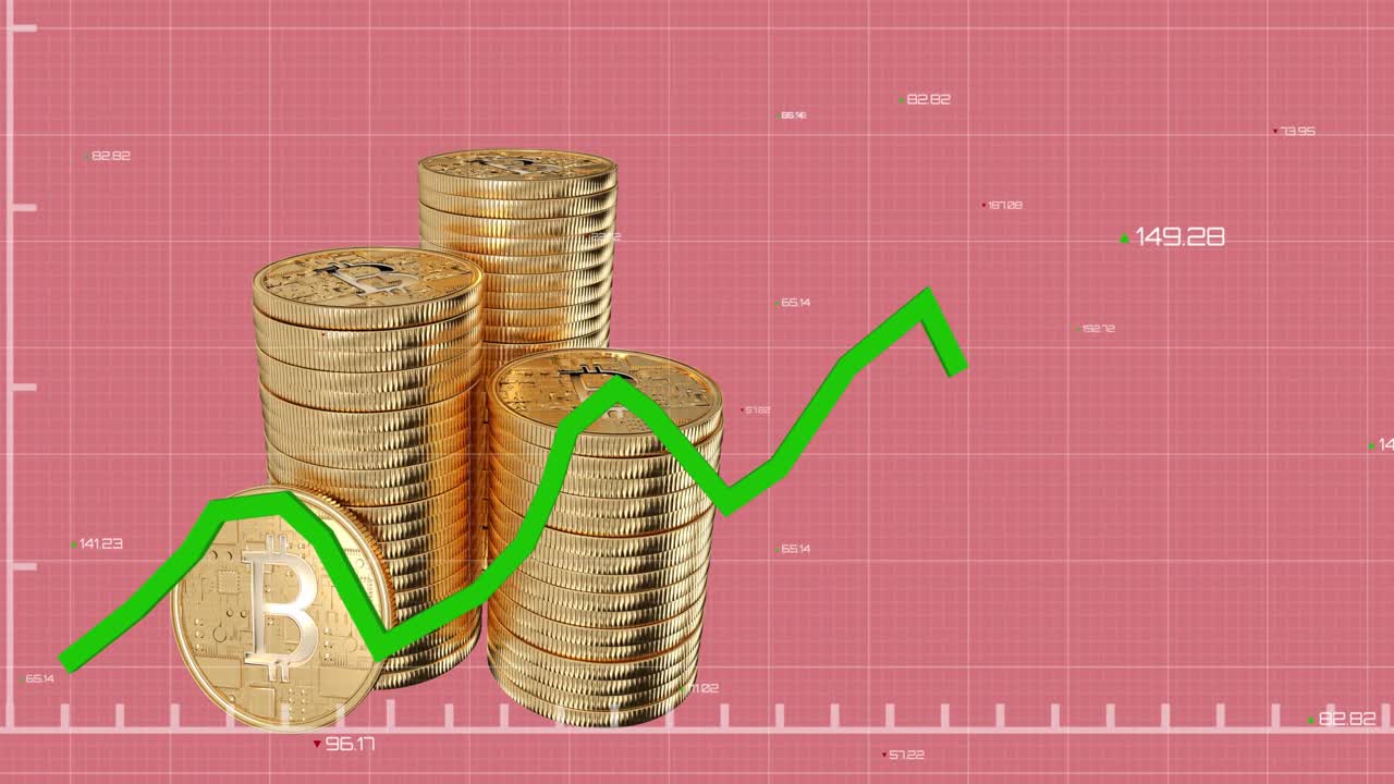 Grafico verde in movimento sopra una pila di Bitcoin, su sfondo rosa.