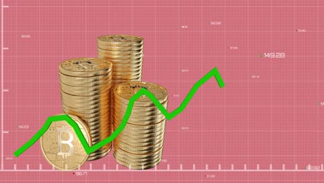 gráfico verde moviéndose sobre la pila de bitcoins contra un fondo rosado.
