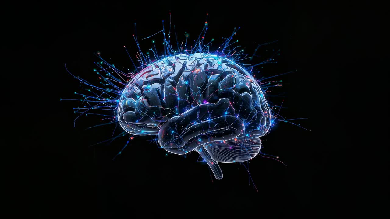 Animating translucent 3D brain pulsing after stimulus in black void, lighting filaments and nodes