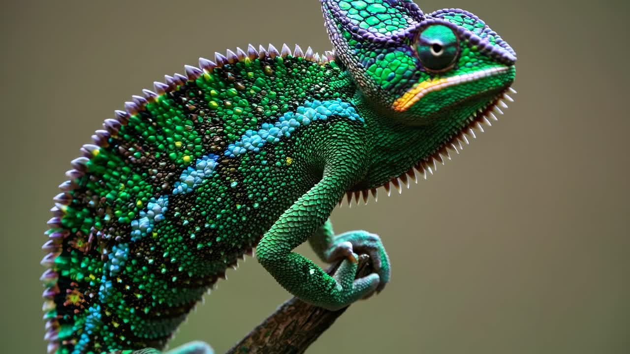 Close-up video shot of a vibrant chameleon on a branch, showcasing its textured skin and vivid
