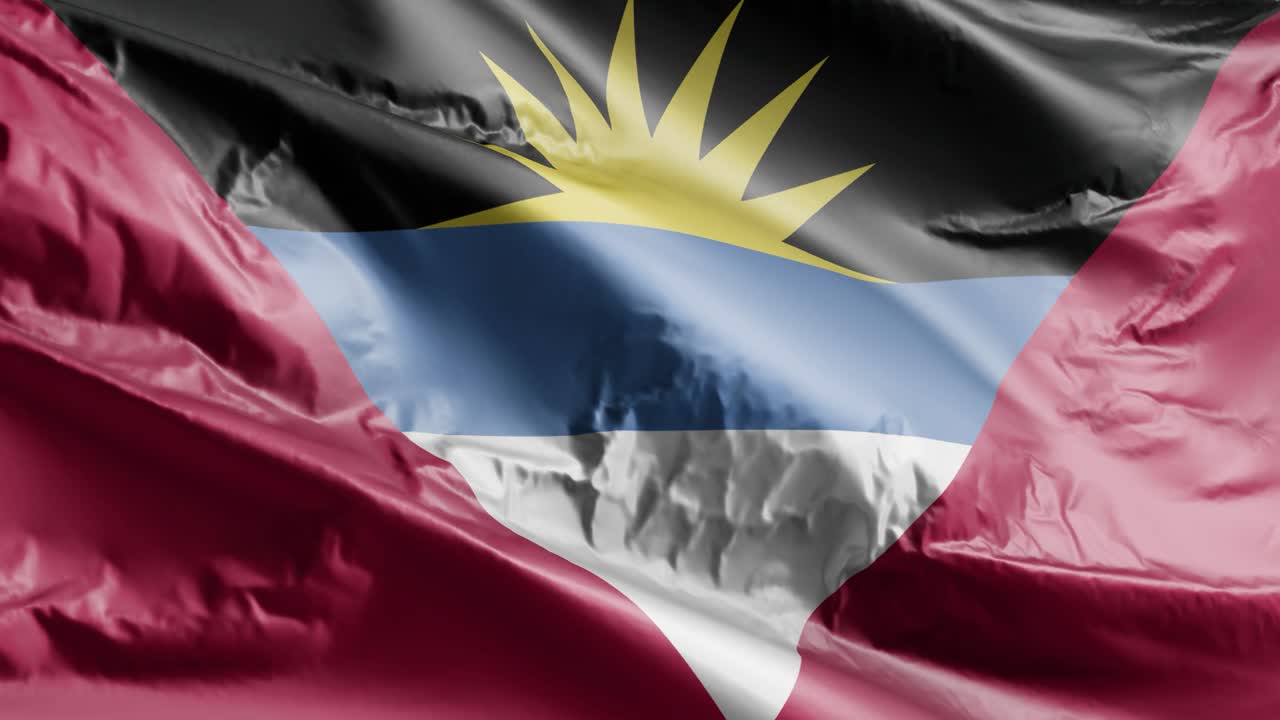 안티구아와 바르바다의 발이 바람에 흔들리고, 안티고아와 바라바다의 배너가 바람에 떠다니고, 배경이 완전히 가득 차 있습니다.