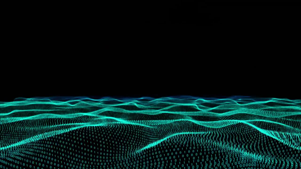 Teal pentagons rotating on 3D teal trails waving