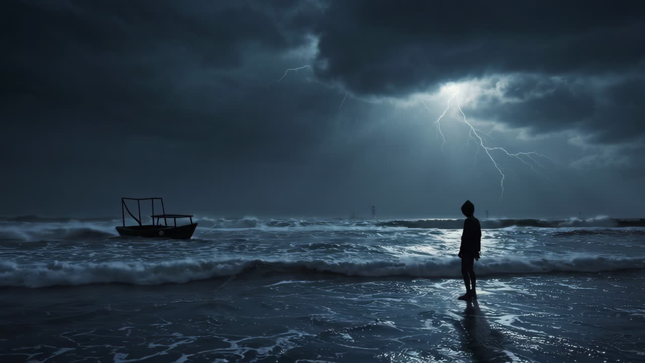 Stormy Night at Sea with Boat and Figure