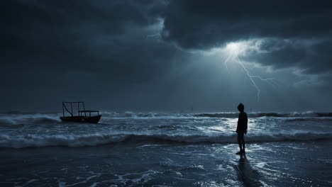 stormy night at sea with boat and figure