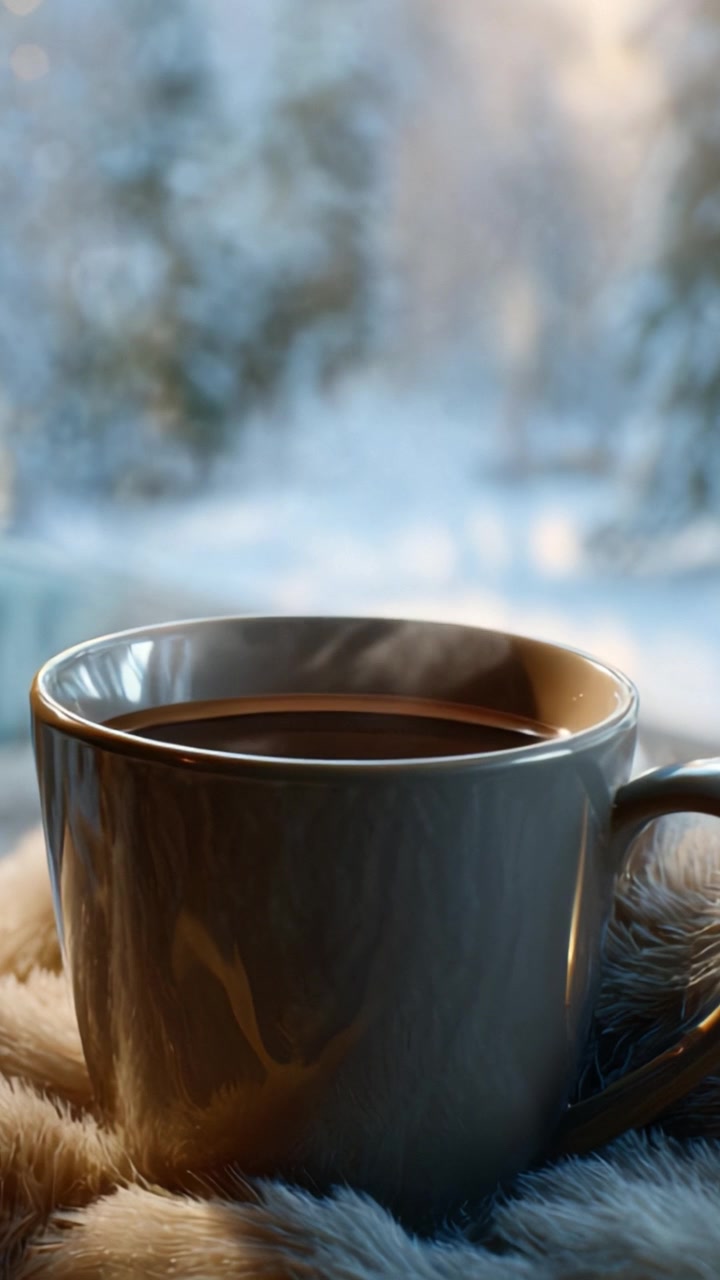 Varm kaffe i en hyggelig kop på en frostklar vintermorgen med damp, der stiger blidt, symboliserer komfort og afslapning midt i en smuk sneklædt baggrund