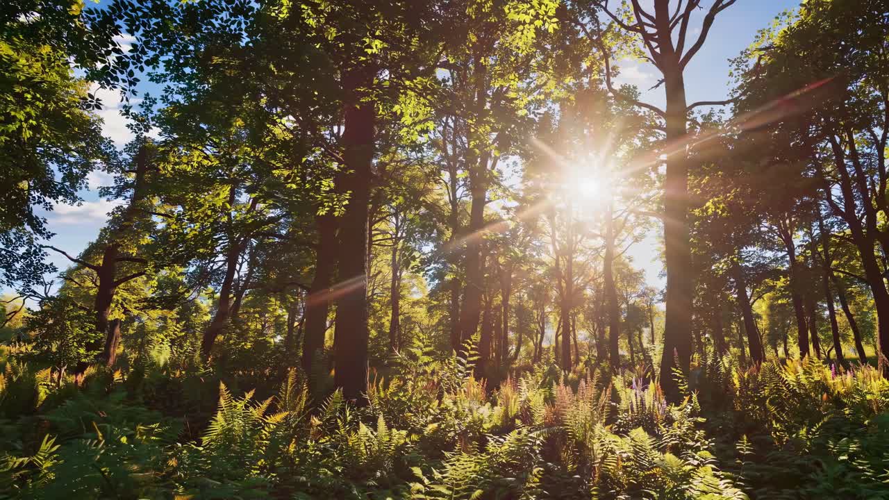 Sunlit forest scene with tall trees and lush ferns, captured from a low-angle, creating a serene