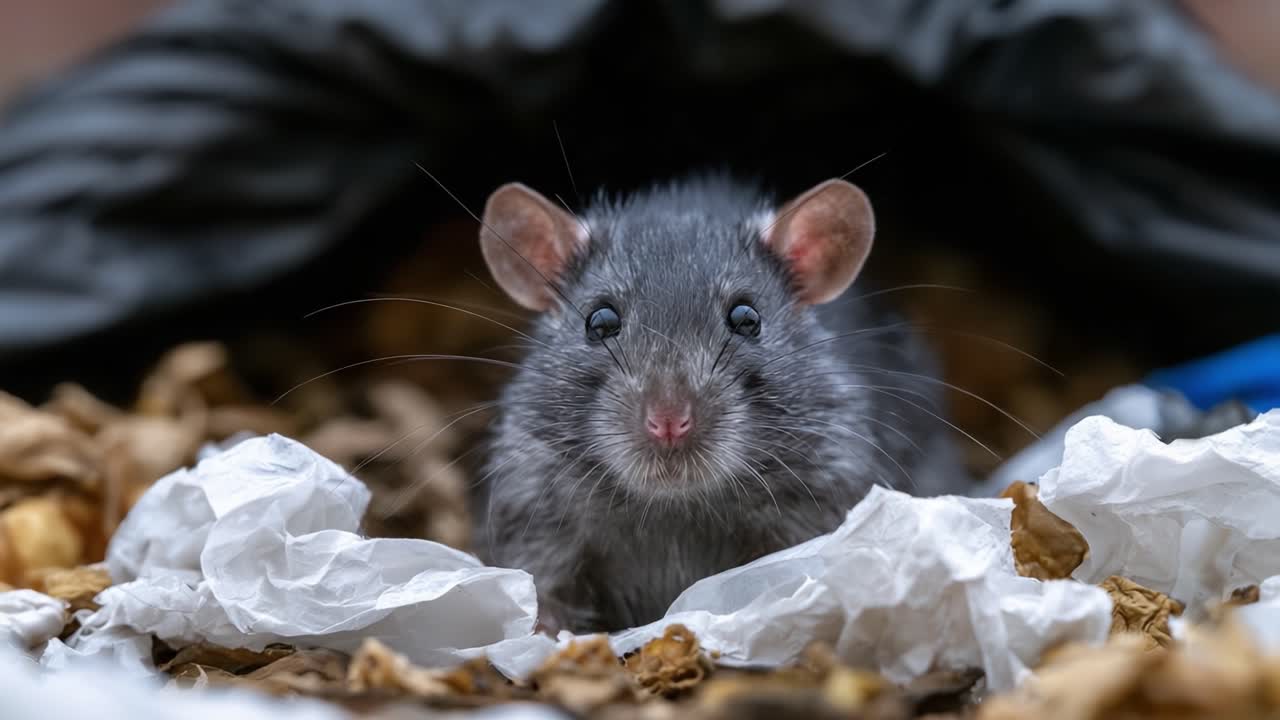 Un simpatico topo domestico che emerge dal suo nido circondato da carta stracciata e materiale naturale per il nido in un ambiente accogliente