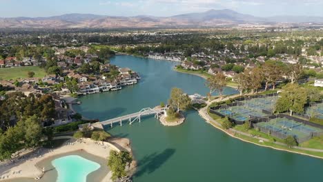 Scenic beauty of Irvine, California, with a drone&#039;s-eye view of the Woodbridge North Lake Beach Club