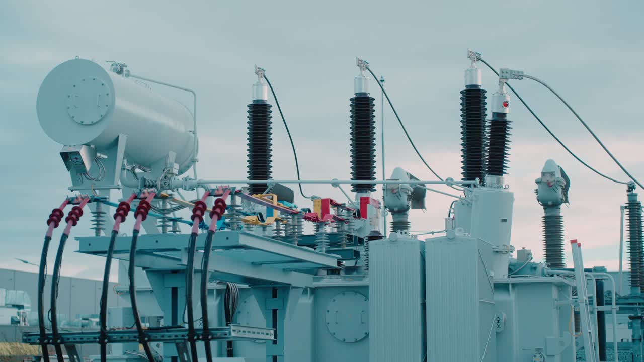 Industrial power transformers under cloudy sky, emphasizing energy supply