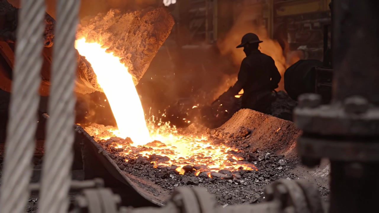Forging molten metal in a foundry as workers manipulate fiery lava-like substance amid industrial machinery in a high-temperature steel production environment