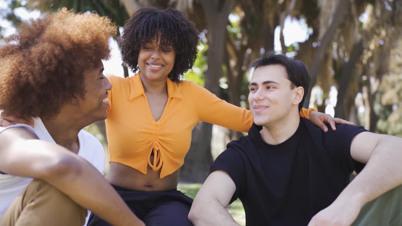 amigos multiétnicos alegres riendo en el parque