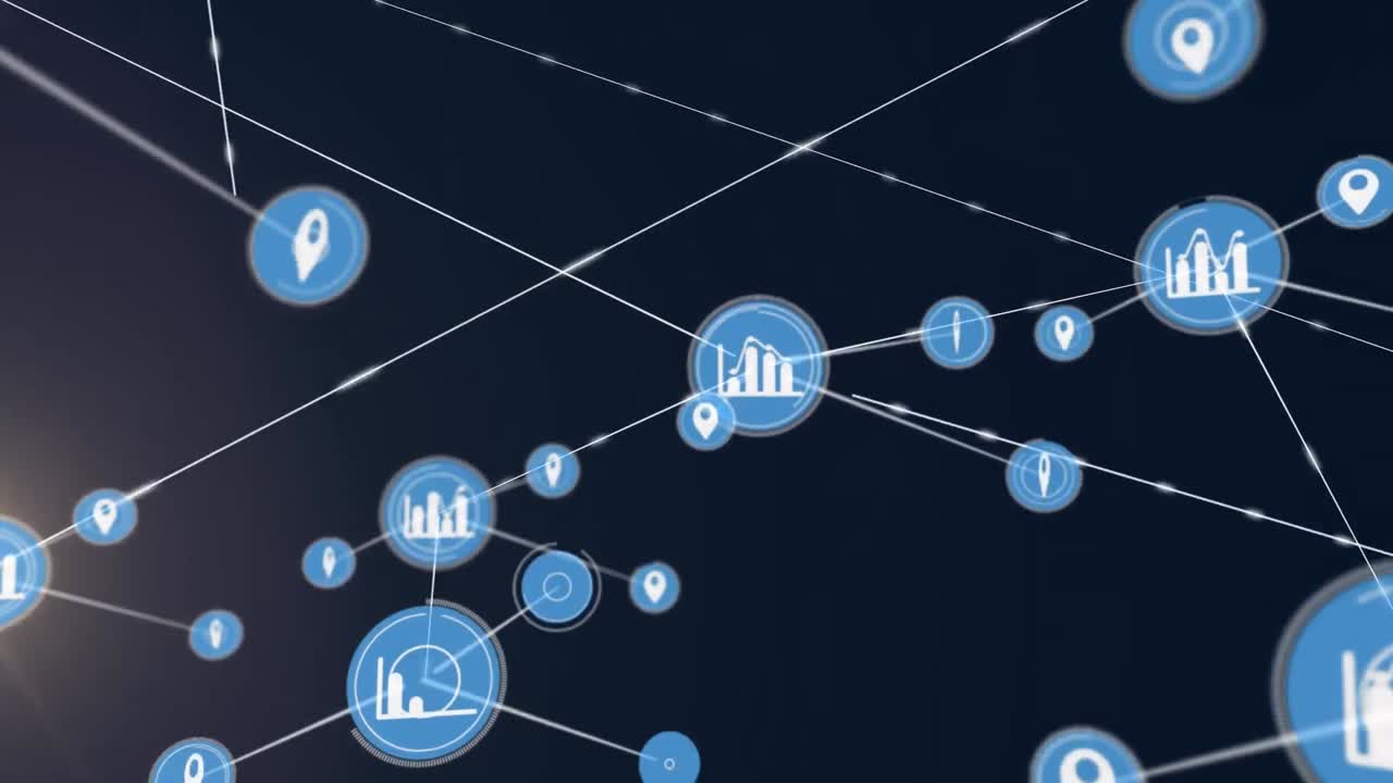 Animation of network of connections with icons and light trails over black background