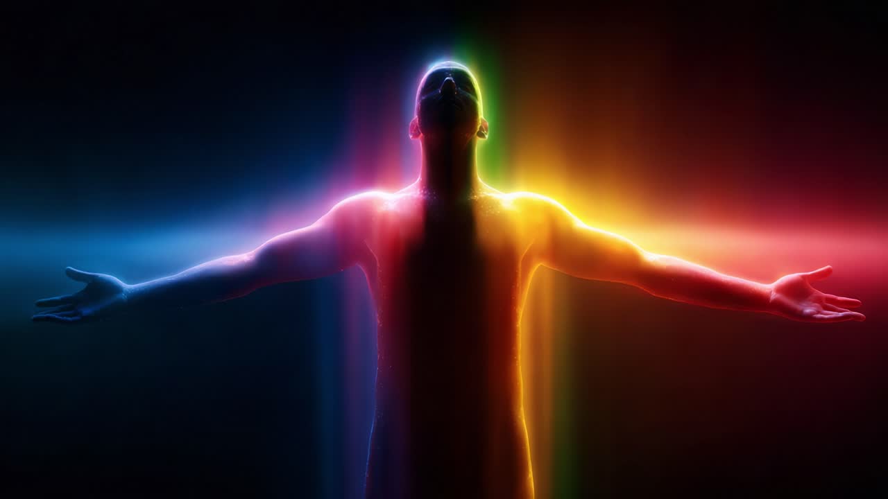 A Radiant Figure Embracing Light: A Stunning Display of Color and Awareness with Open Arms, Representing Freedom, Energy, and the Connection Between Body and Spirit in a Dark Environment