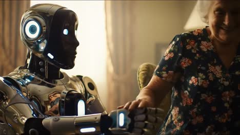 a touching interaction between a futuristic robot and an elderly woman in a cozy living room setting, highlighting the connection between technology and humanity