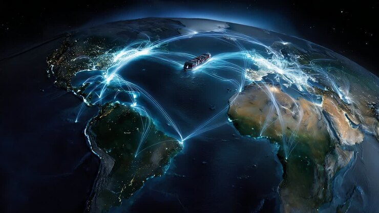 Una visualizzazione straordinaria delle rotte di spedizione globali che collegano continenti e città, evidenziando la complessa rete di commercio marittimo e comunicazione attraverso oceani e confini