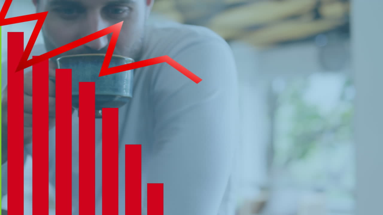 Animation of financial graphs over hands of caucasian man drinking coffee