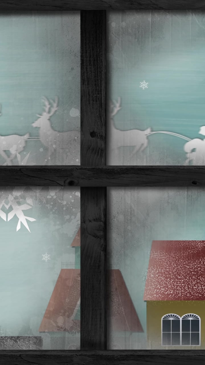 Animation of white silhouette on santa claus in sleigh being pulled by reindeer with winter scenery
