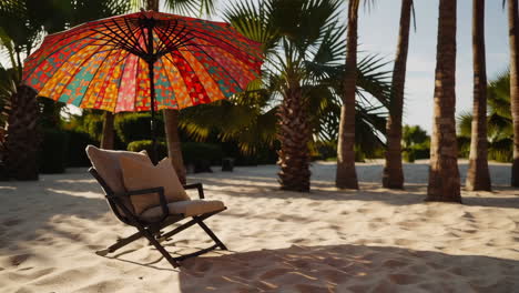 beach chair and colorful umbrella on a sandy beach with palm trees