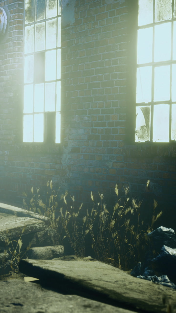 Light filters through old windows in a deserted building during the day