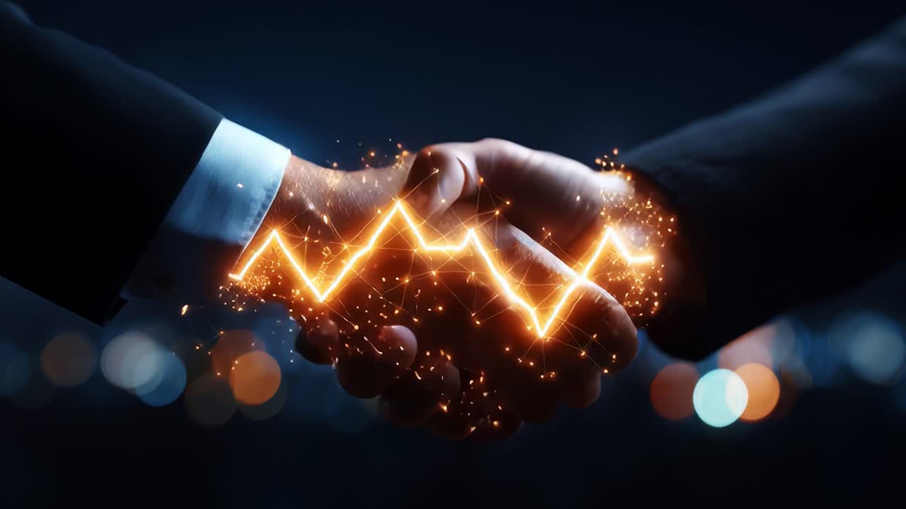 A Dynamic Handshake Illuminated by Electric Sparks, Signifying Agreement and Connection Between Two Individuals in a Business Setting Under Nighttime Lights
