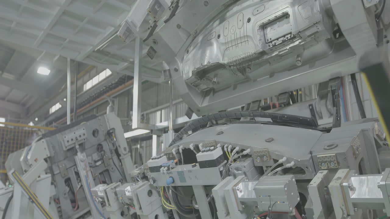 Automobile cars plant automated engine assembly a vehicle body, press a metal steel sheet in factory to makes the car parts