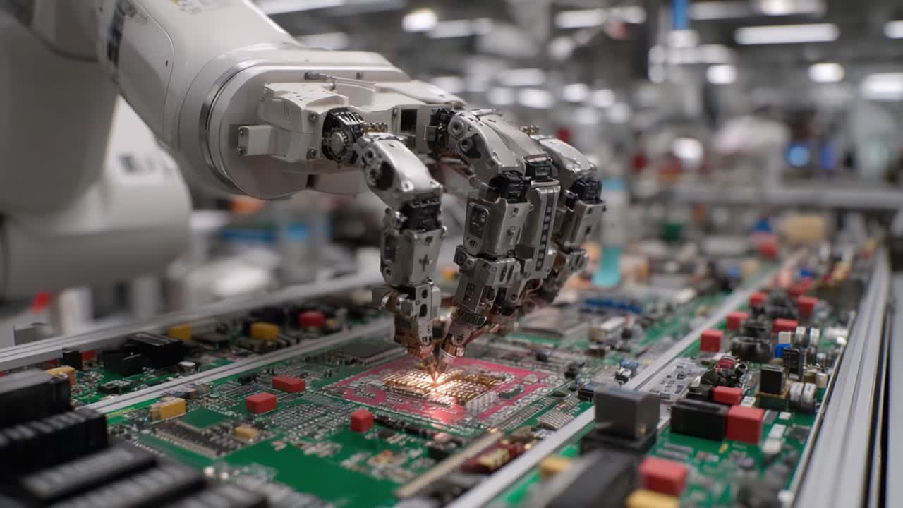 Advanced Robotic Arm Assembling Circuit Boards in a High-Tech Manufacturing Facility, Showcasing Precision and Automation in Electronics Production