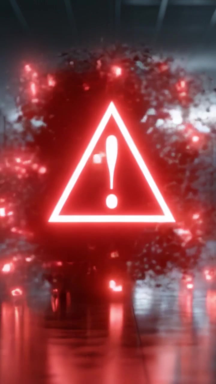A Vivid Representation of a Digital Warning Signal, Constructed from Glowing Particles Amidst a Darkened Environment, Elevating the Sense of Urgency and Alertness.