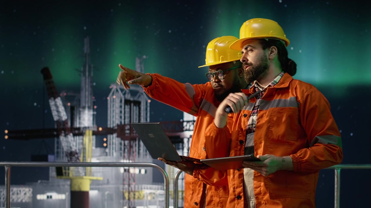 Drilling barge engineering team men analyze oil crisis logistics with laptop
