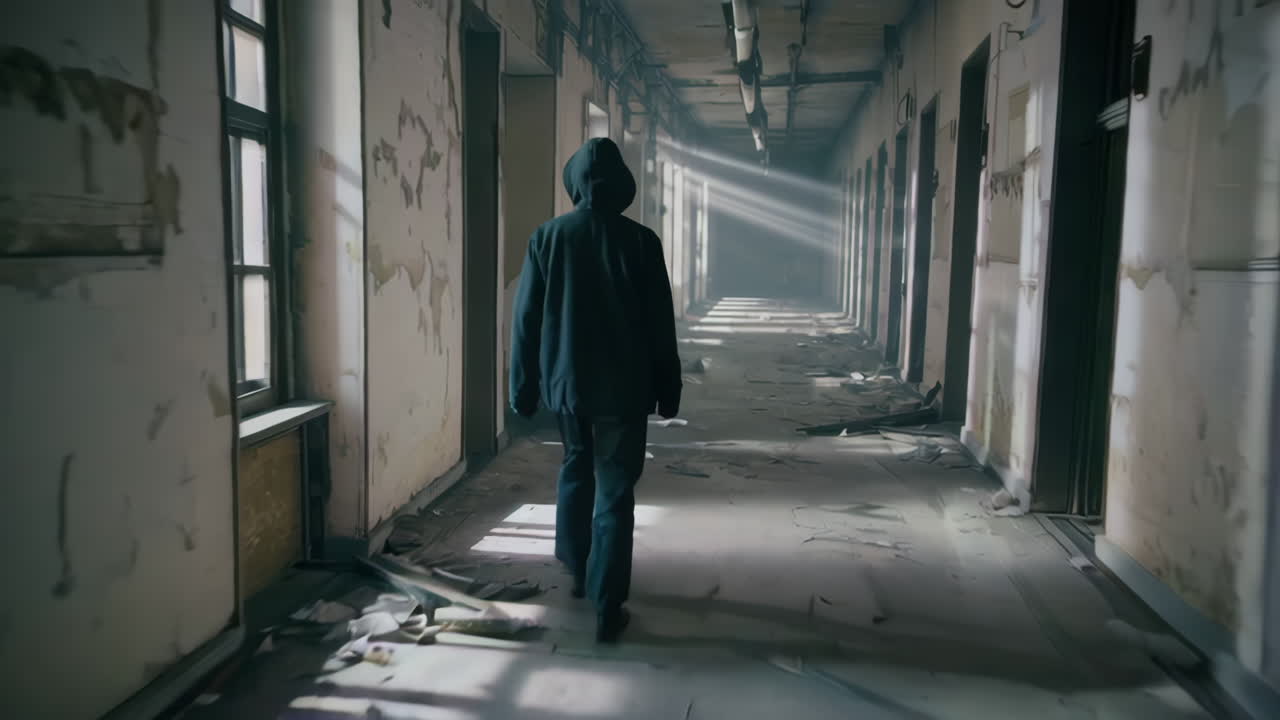 Silhouette of a Person Walking in an Abandoned Corridor