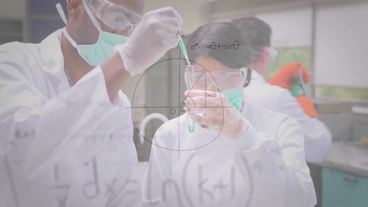 수학적 방정식은 실험실에서 일하는 남성과 여성 의료 종사자들에 대해 떠다니고 있습니다.