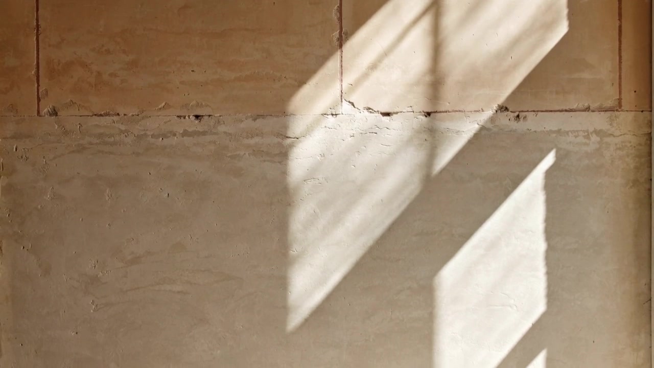 Shifting light patches sliding down plaster wall in room as sun moves, mullion shadows, copy space