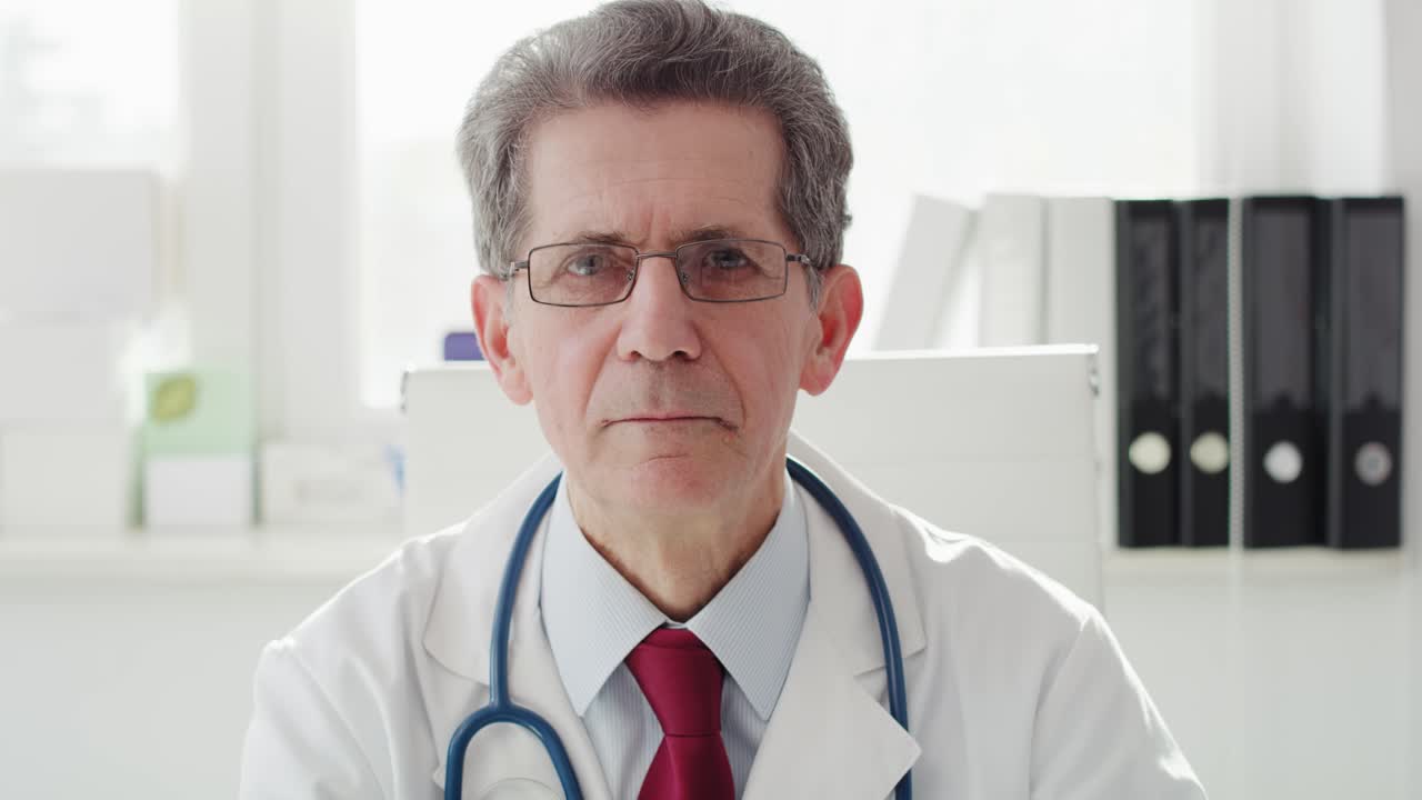 Filmagem com câmera na mão de médico sênior em consultório médico.