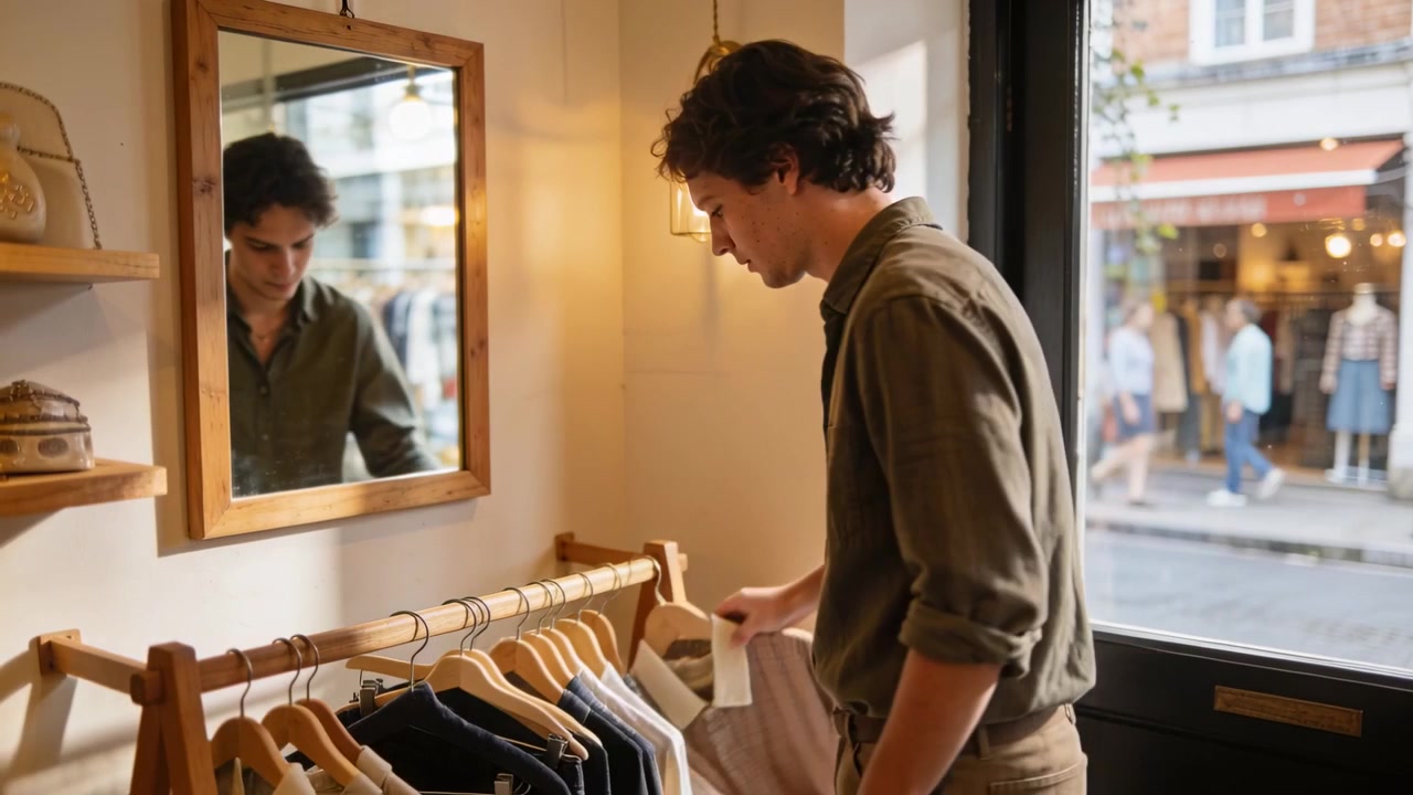 Entering man browsing rack at shop, checking mirror, picking jeans for fit, in olive shirt, khakis
