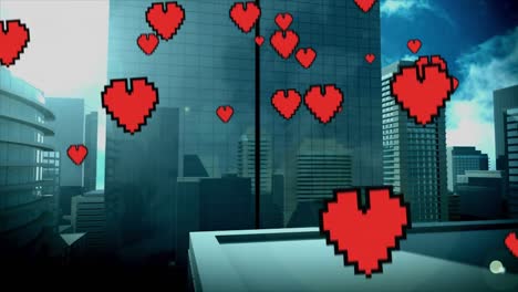 edificios altos con corazones voladores