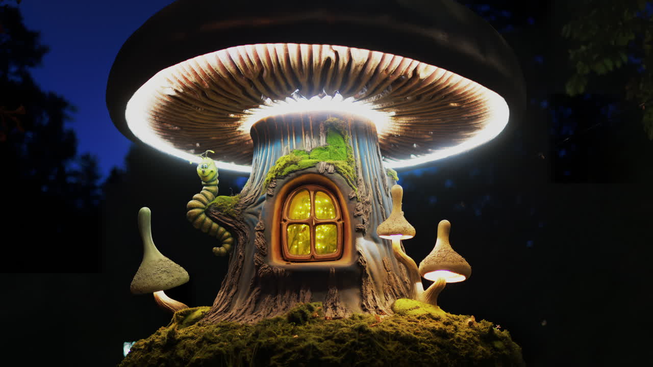 Una casa sull'albero fantasy in miniatura con finestre illuminate, funghi e un personaggio sorridente a forma di bruco
