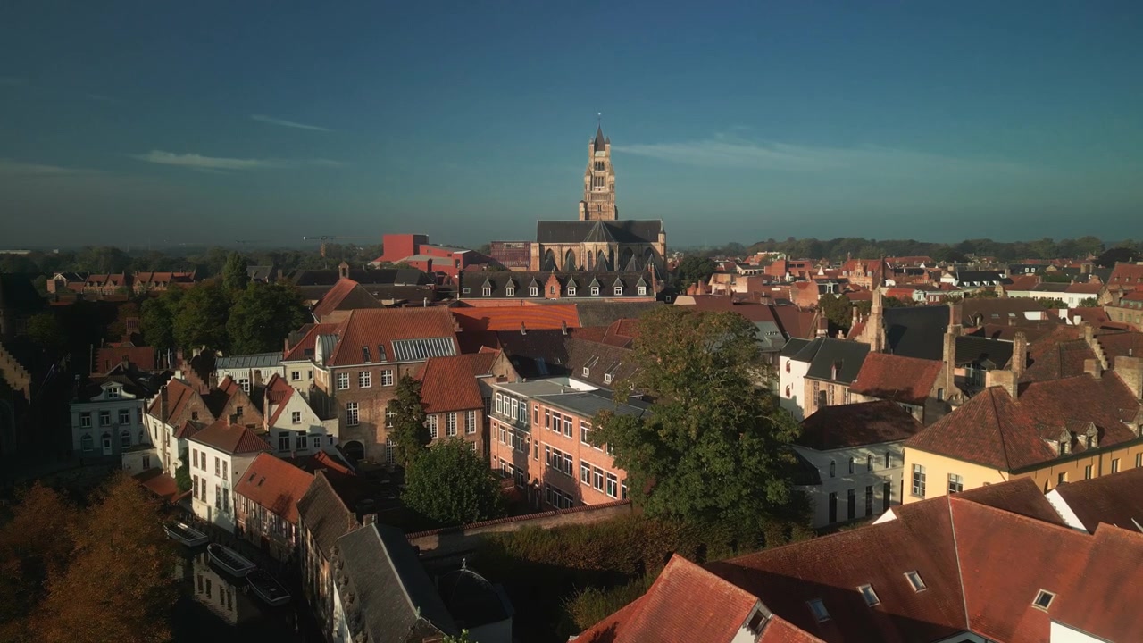 Vista aerea di un paesaggio urbano storico con campanile in Belgio