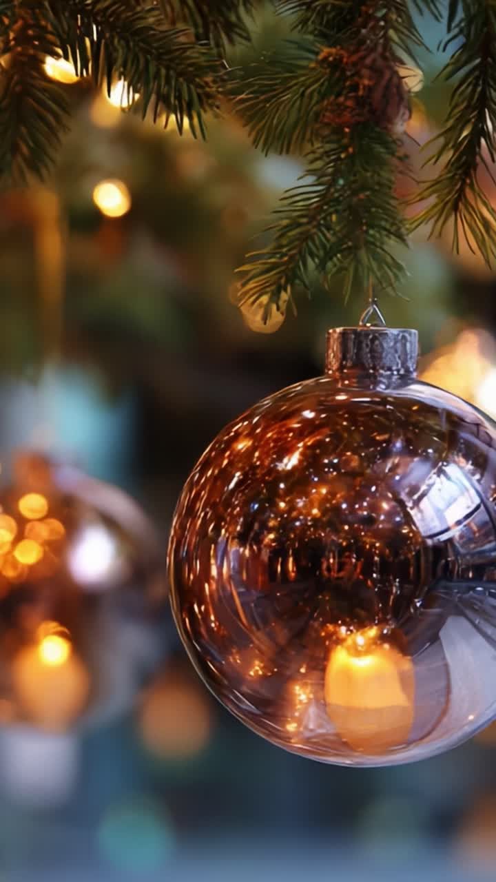 A shimmering golden ornament hangs gracefully from a lush evergreen branch, reflecting warm lights and creating a festive ambience, capturing the essence of holiday cheer and joyfulness in its design