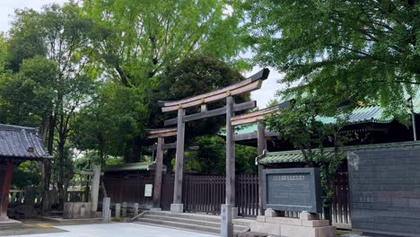 Peaceful-Japanese-shrine-surrounded-by-lush-green-trees-on-a-sunny-day,-captured-in-the-morning