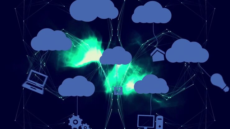 Animation of media icons and network of connections on black background