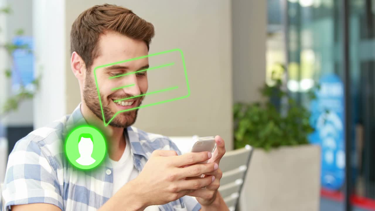 Man in cafe getting message, sipping cup while reading, replying with messaging overlay near chest