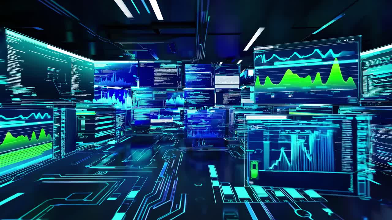 Futuristic video concept with a dynamic low-angle view of digital screens displaying data