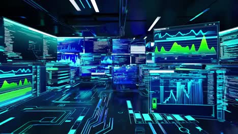 futuristic video concept with a dynamic low-angle view of digital screens displaying data