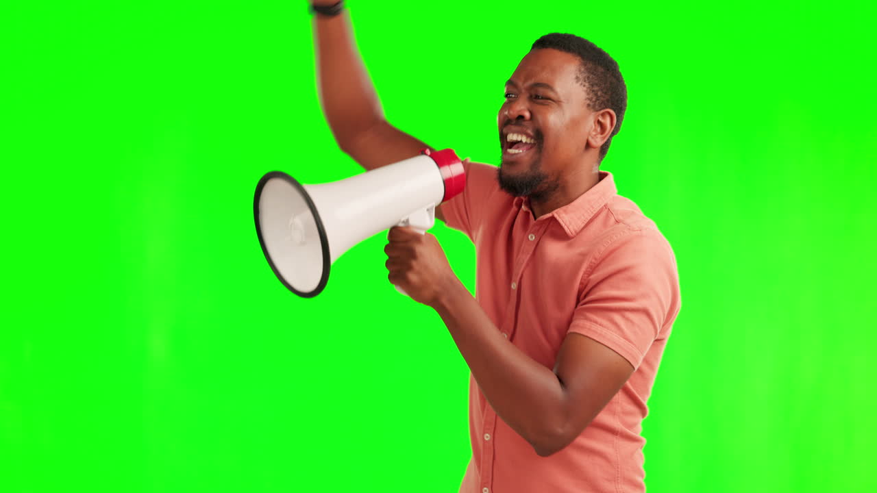 Black man, megaphone and shouting on green screen