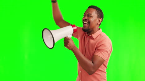 Black-man,-megaphone-and-shouting-on-green-screen