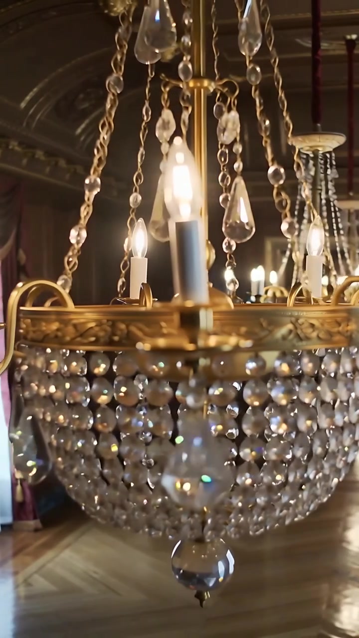 Video verticale: Operatore che avvia la telecamera, indietreggiando per mostrare un lampadario in una sala da ballo con prismi scintillanti.